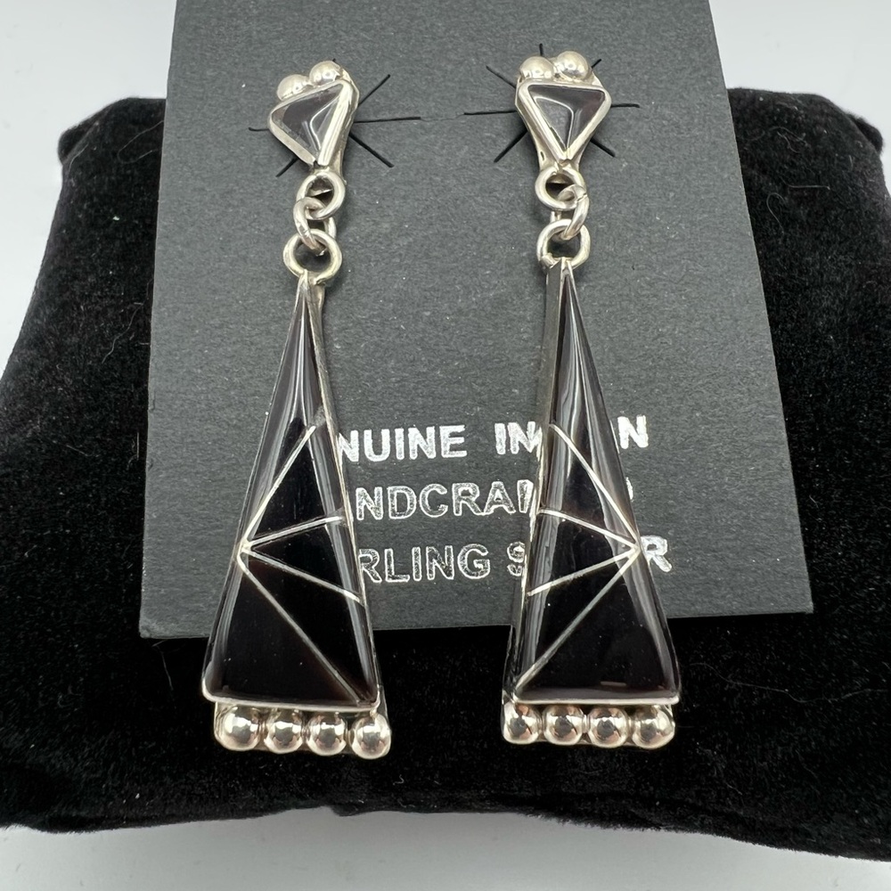 Native American Handcrafted Onyx and Sterling Silver Pierced Earrings